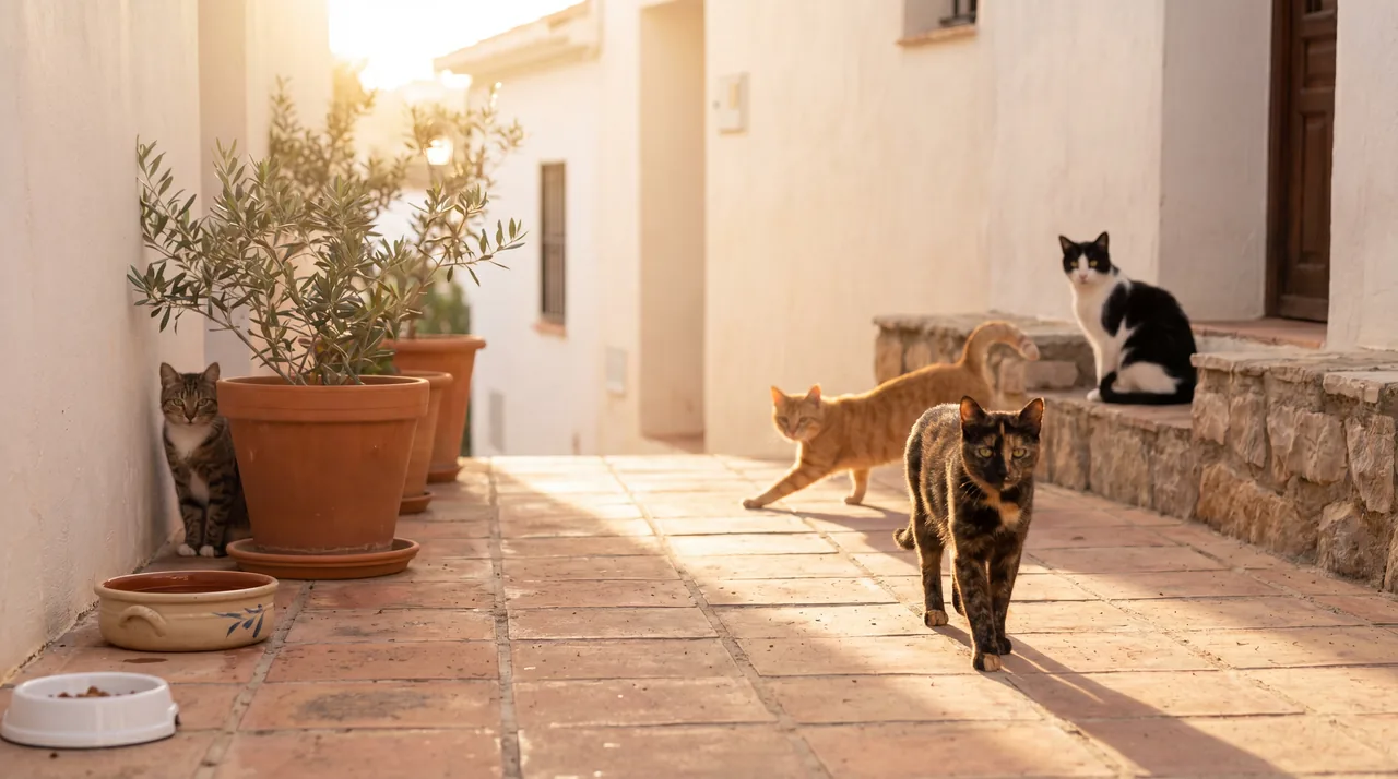 Street cats in a Costa Blanca alleyway at sunset, with a water bowl left out for them