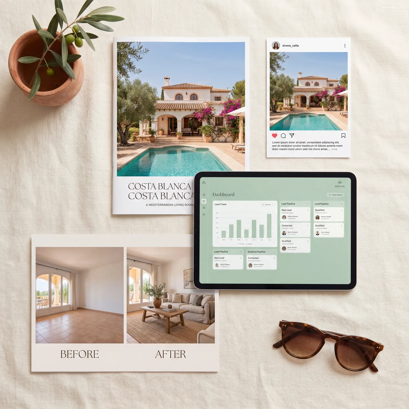 AIVENA Studio outputs — a branded brochure, a social post, the dashboard and a before-and-after virtual staging