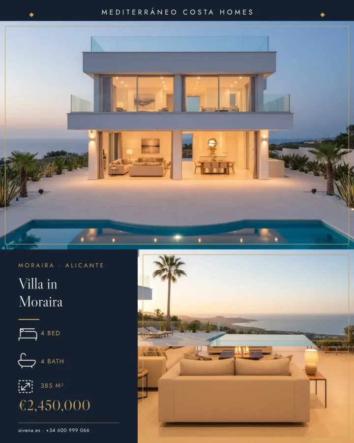Real Studio render: Villa in Moraira listing post, navy and gold scheme
