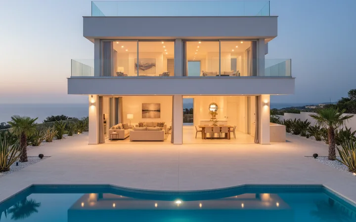 Villa Moraira at dusk, pool and lit interior